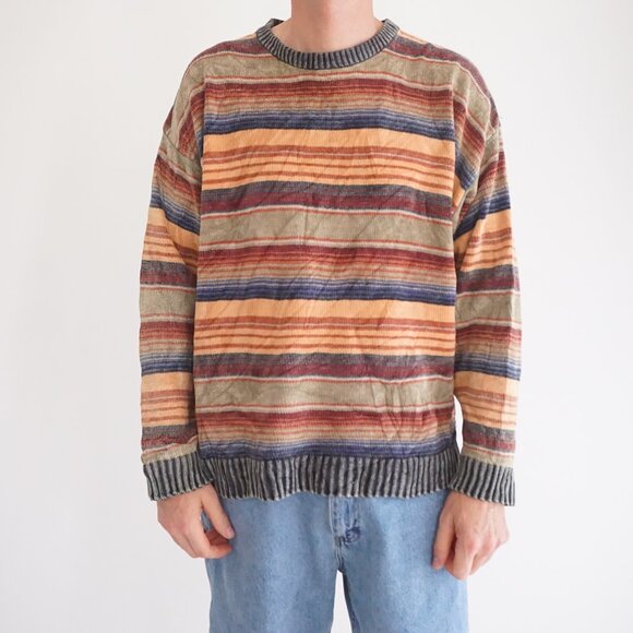 Geoffrey Beene Green Orange Striped Biggie Eclectic 100% Cotton Knit Sweater L - Picture 1 of 9